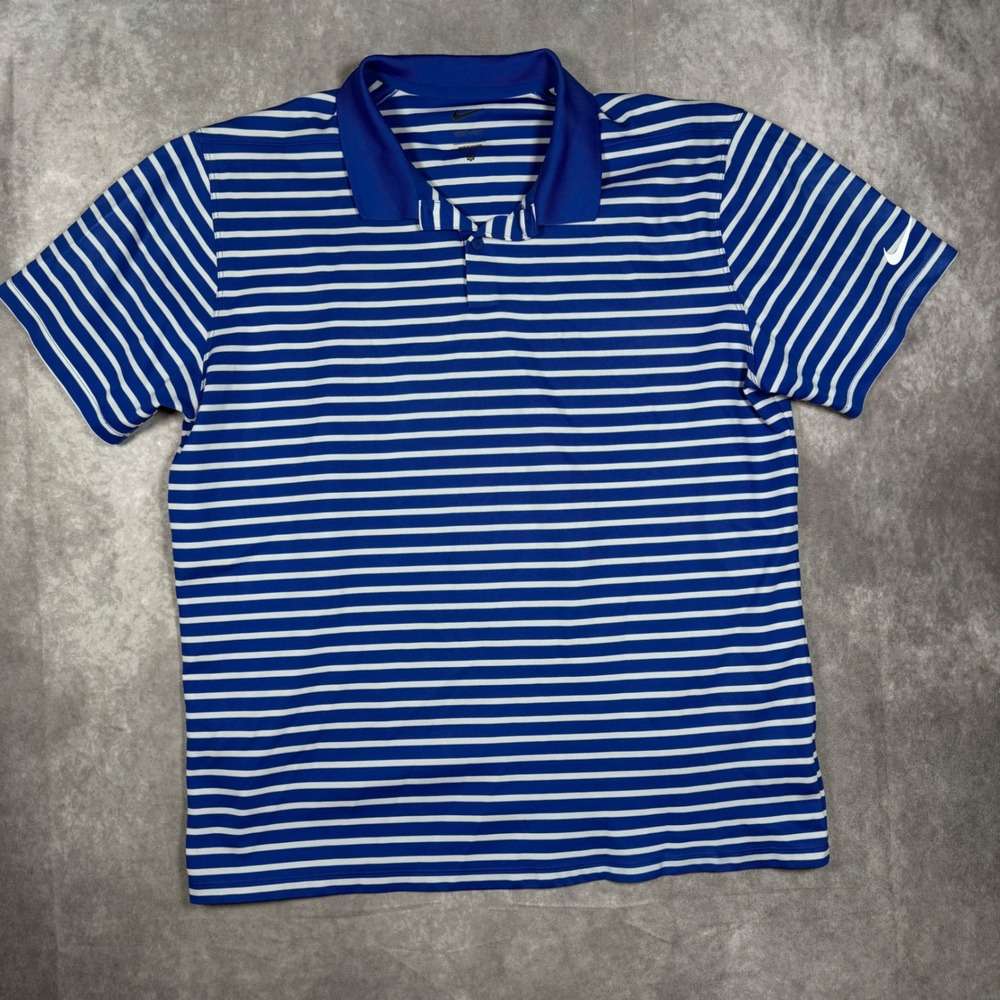 Nike Dri-FIT Men L Blue White Striped Short Sleeve Golf Performance Rugby Polo